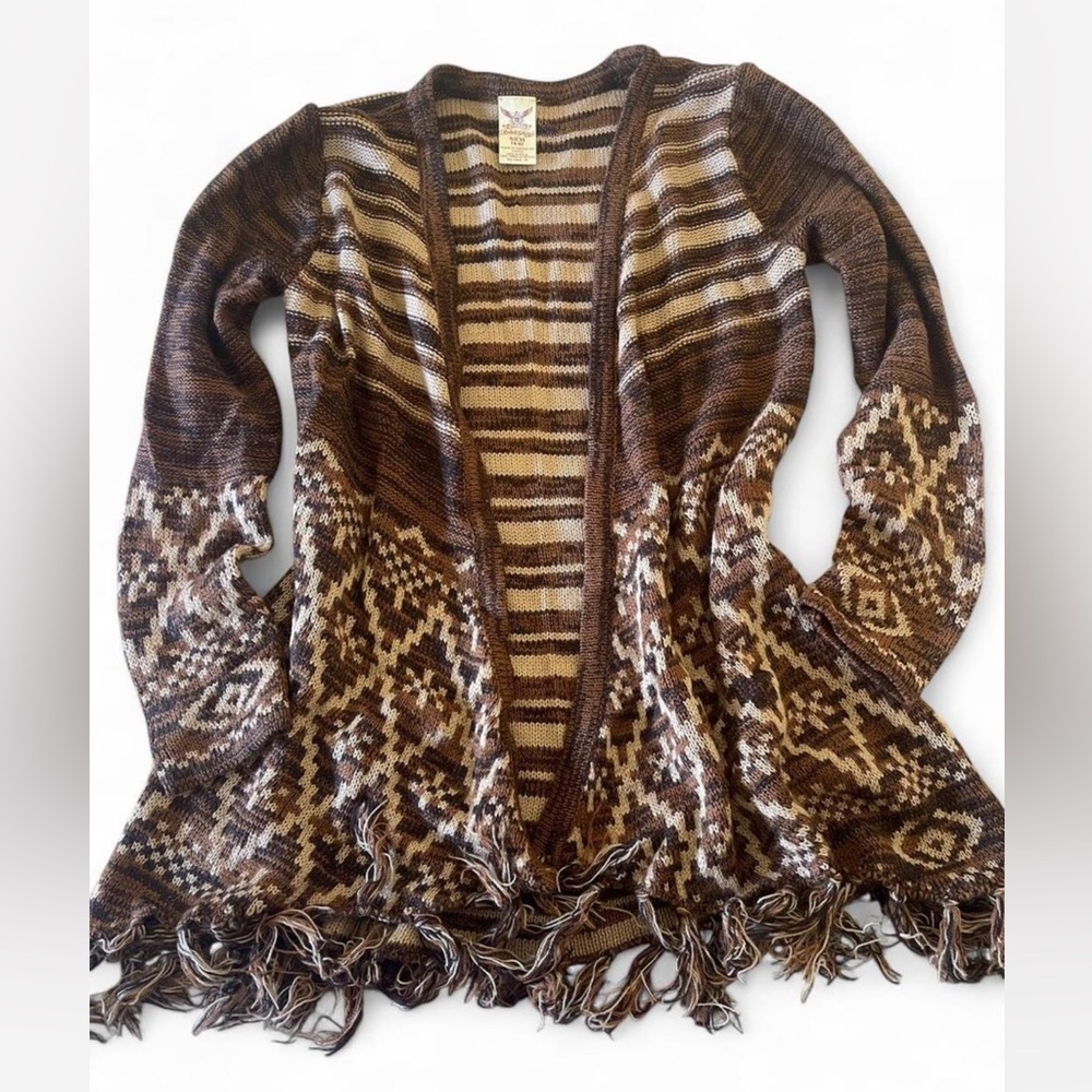 Faded Glory: Boho-Chic Geometric Fair Isle Knit Duster Cardigan Sz S